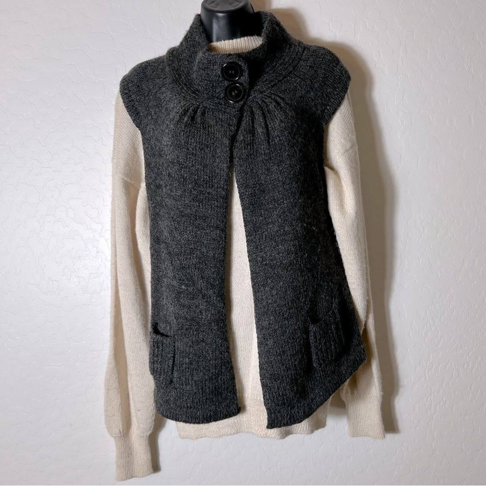 Max Mara Wool Vest Y2K Knit Mock Neck Open Sweater Sleeveless Cardigan Gray L